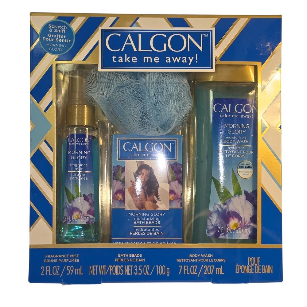 Calgon Take Me Away Morning Glory 4-Piece Bath & Body Pamper Gift Set Bath Poof